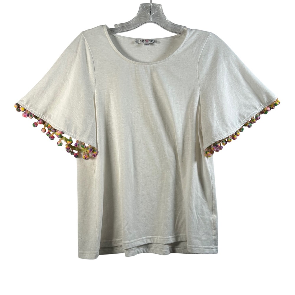 Joy Joy White Pom‎ Pom Sleeve T Shirt Women's Size S Flutter Sleeve Casual Top
